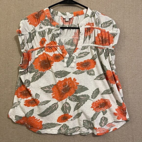Lucky Brand Blouse Women's Small Petite Orange, Green & Cream Floral - Picture 1 of 12